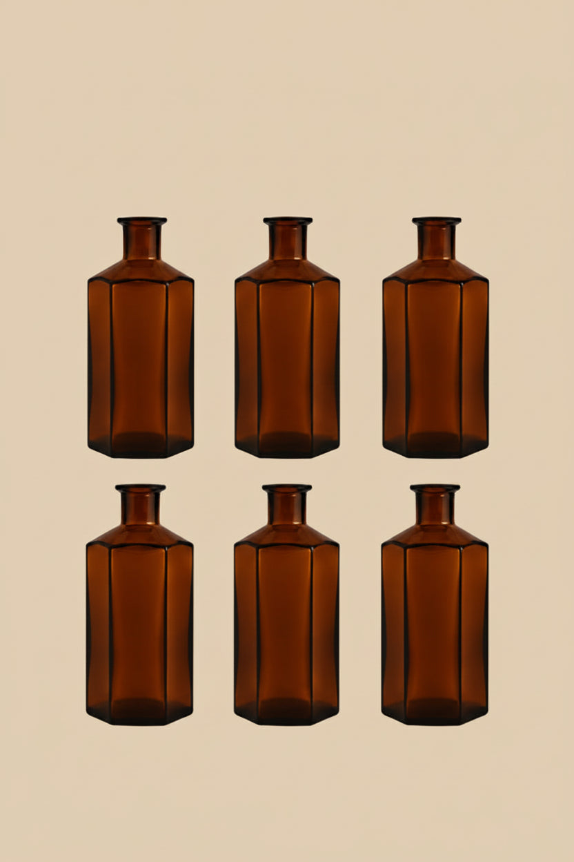 Apothekerflasche aus Braunglas – Retro Glasflasche sechseckig für Küche & Deko, als Vase, Likörflasche, Kosmetikflasche etc.