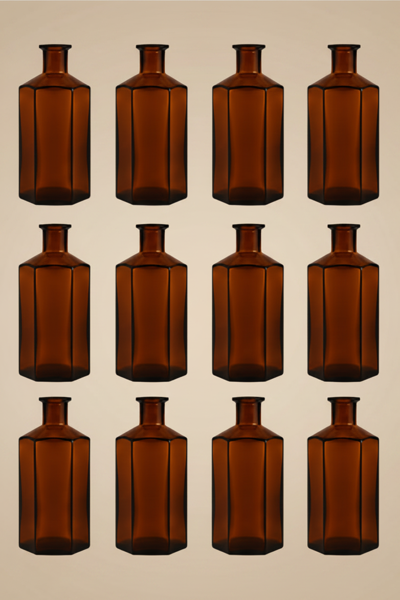 Apothekerflasche aus Braunglas – Retro Glasflasche sechseckig für Küche & Deko, als Vase, Likörflasche, Kosmetikflasche etc.